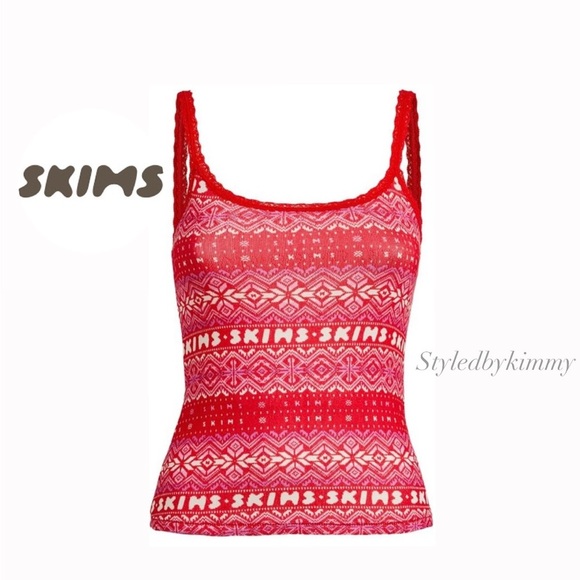 SKIMS Plush Pointelle Tank Fair Isle Red Tank Top Size M Medium New NWT - Picture 1 of 3